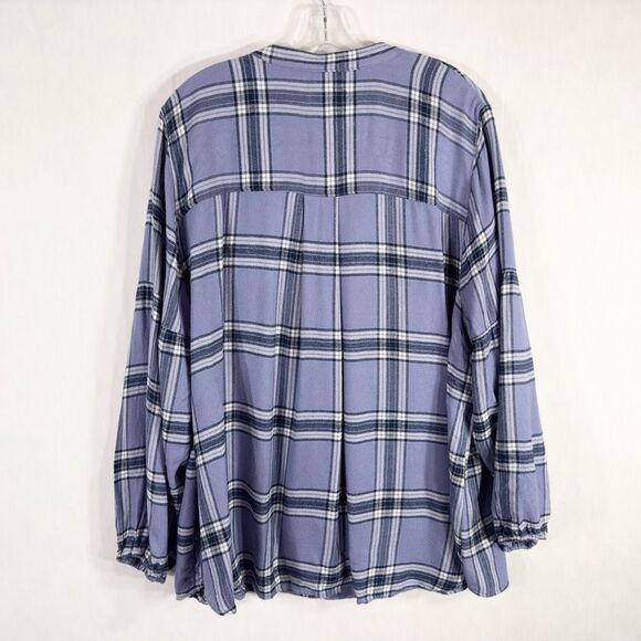 Lane Bryant Plus Size 22 24 Top Plaid Blue Soft Bishop Sleeve V Neck‎ 493 - Picture 2 of 9